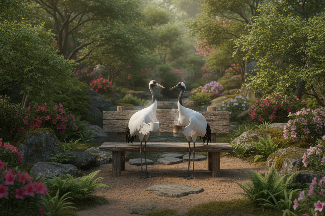 Image of a garden bench with two cranes sitting on it. Surrounded by trees. The cranes each have a cup of coffee